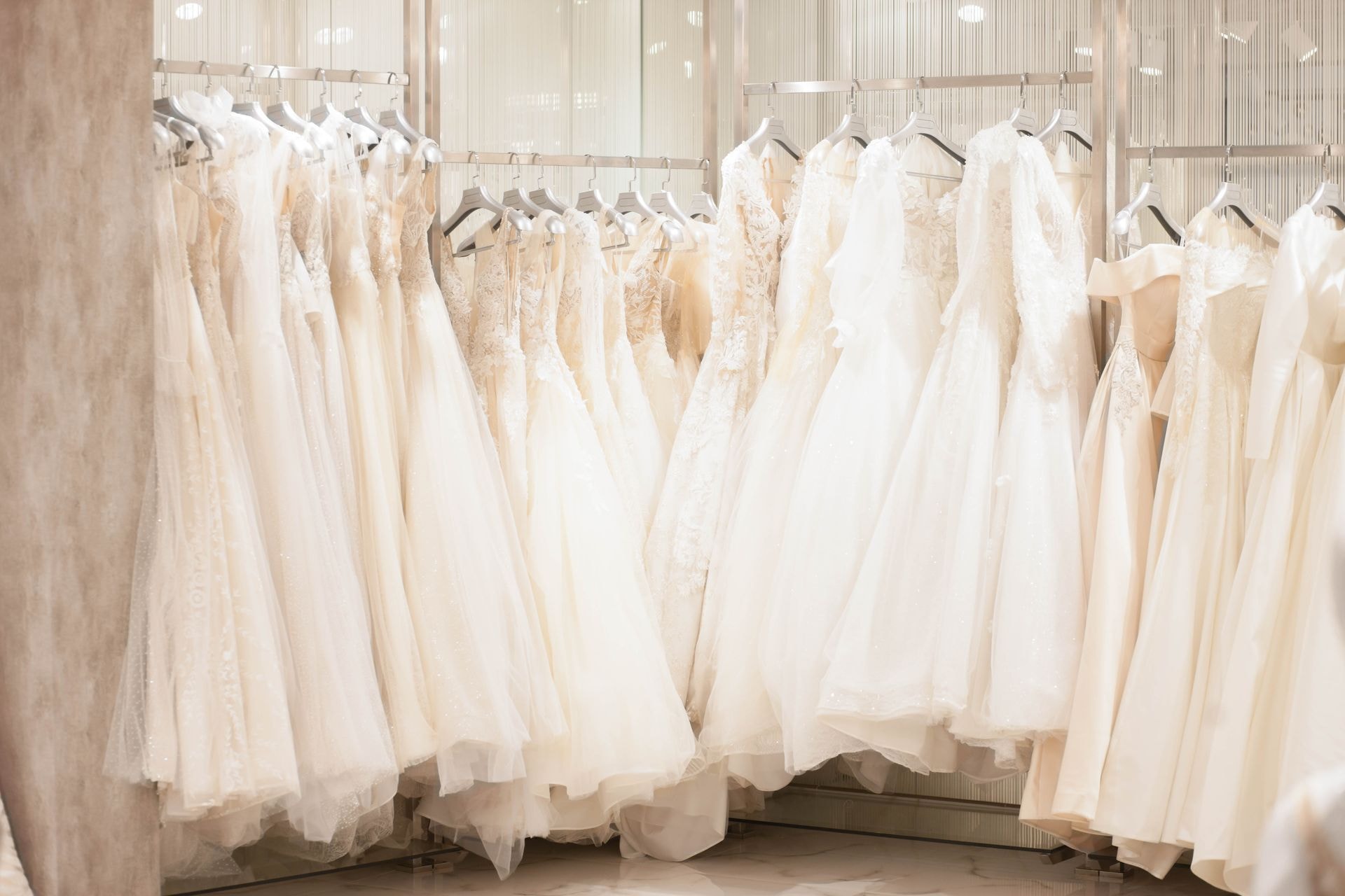 Wedding dresses hanging in the Tanaechi bridal boutique